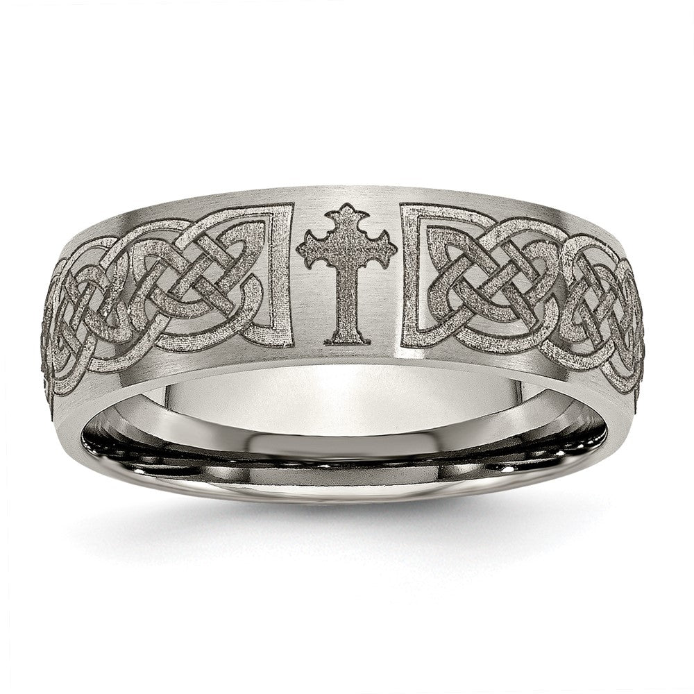 Chisel Titanium Brushed Celtic Cross Laser Design 8mm Band