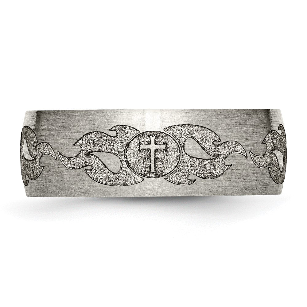 Chisel Titanium Brushed Cross with Flames Laser Design 8mm Band