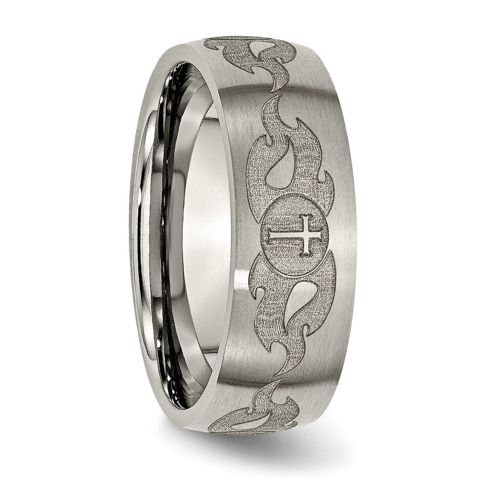 Chisel Titanium Brushed Cross with Flames Laser Design 8mm Band