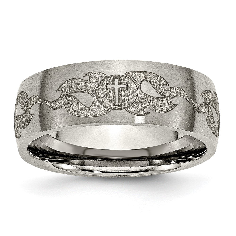 Chisel Titanium Brushed Cross with Flames Laser Design 8mm Band