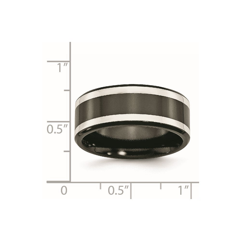 Titanium Black Ti with Sterling Silver Inlay Polished 9mm Flat Band