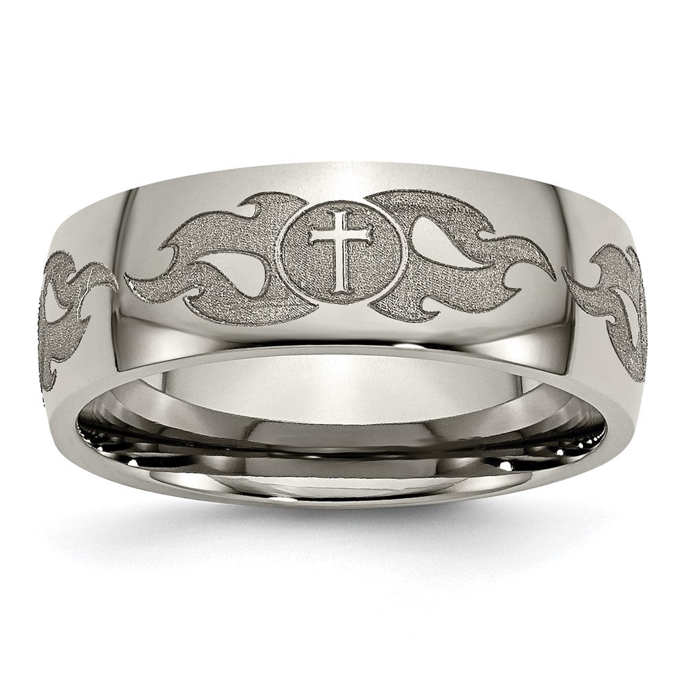 Chisel Titanium Polished Cross with Flames Laser Design 8mm Band