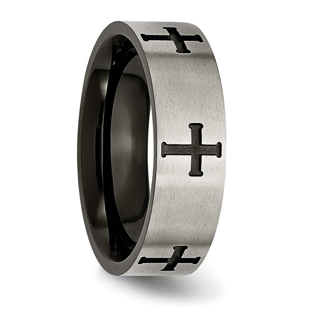 Chisel Titanium Brushed Black IP-plated Cross 7mm Band