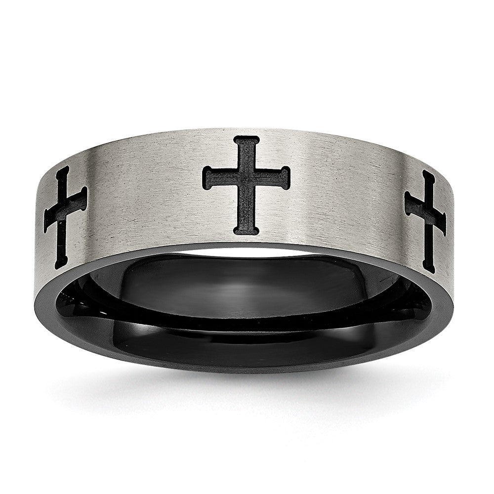 Chisel Titanium Brushed Black IP-plated Cross 7mm Band