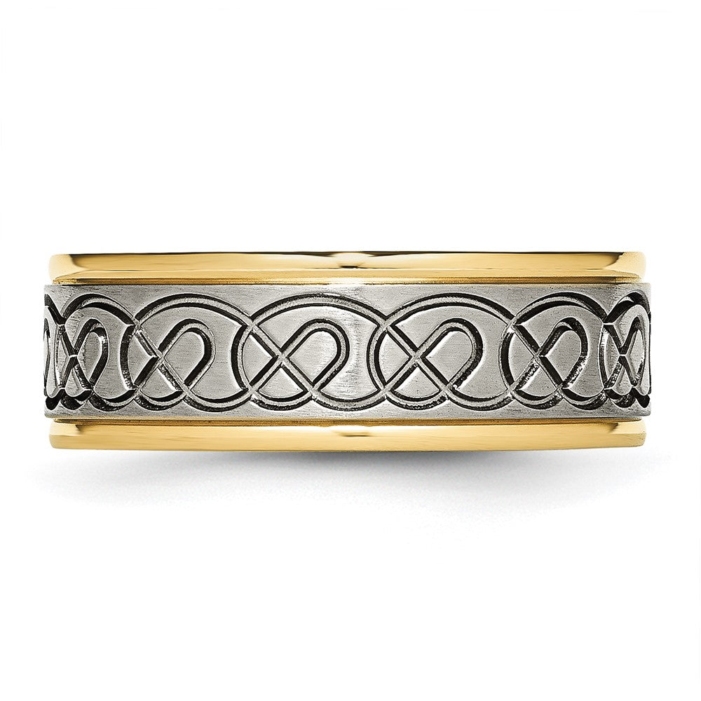 Chisel Titanium Brushed and Polished Yellow IP-plated Scroll Design 8mm Grooved Edge Band