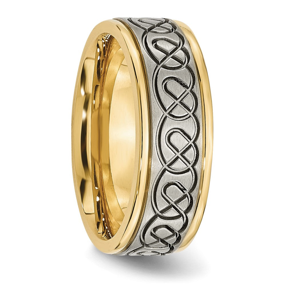 Chisel Titanium Brushed and Polished Yellow IP-plated Scroll Design 8mm Grooved Edge Band