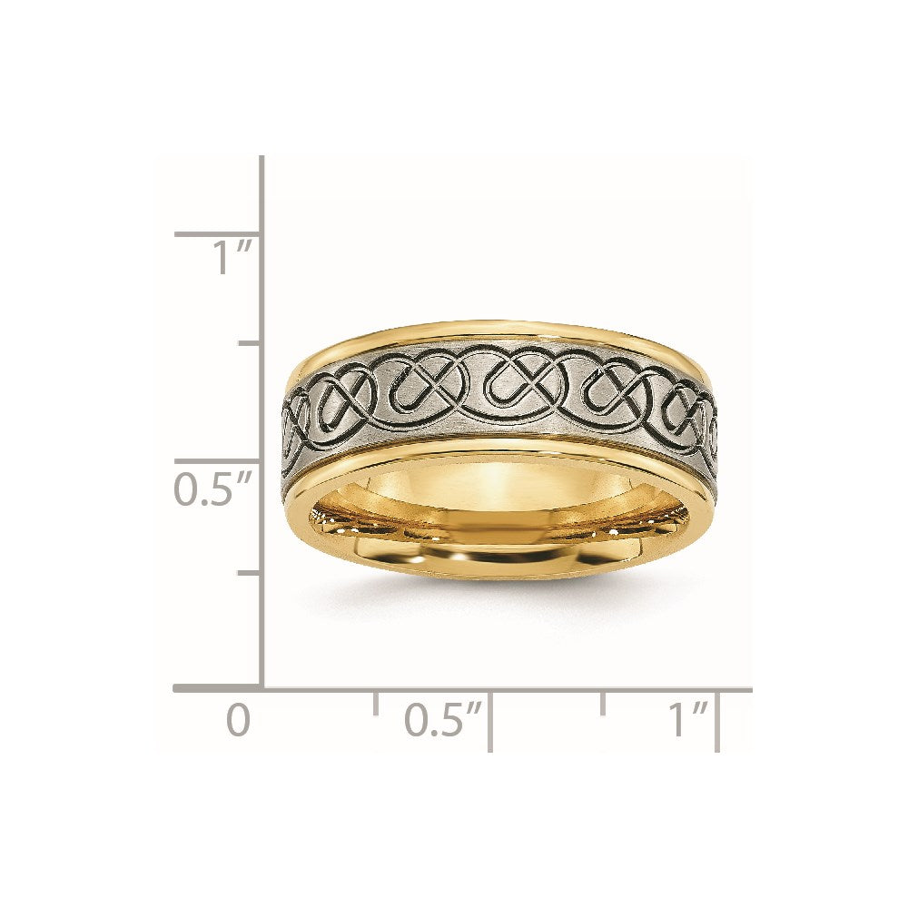 Chisel Titanium Brushed and Polished Yellow IP-plated Scroll Design 8mm Grooved Edge Band