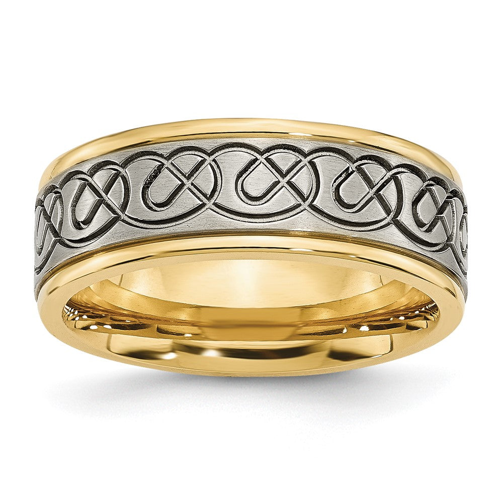 Chisel Titanium Brushed and Polished Yellow IP-plated Scroll Design 8mm Grooved Edge Band