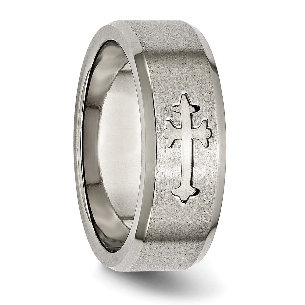 Chisel Titanium Brushed Center Cross Design 8mm Beveled Edge Band