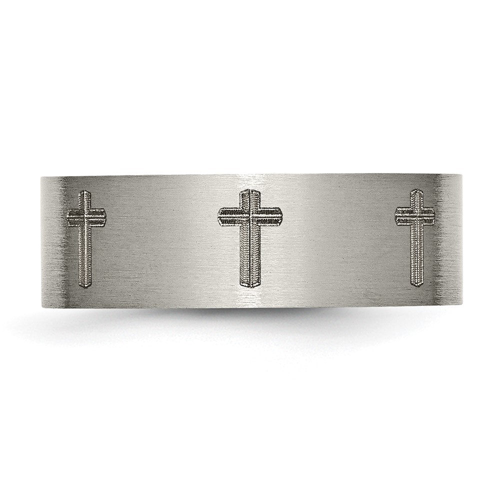 Chisel Titanium Brushed Cross Laser Design 8mm Flat Band