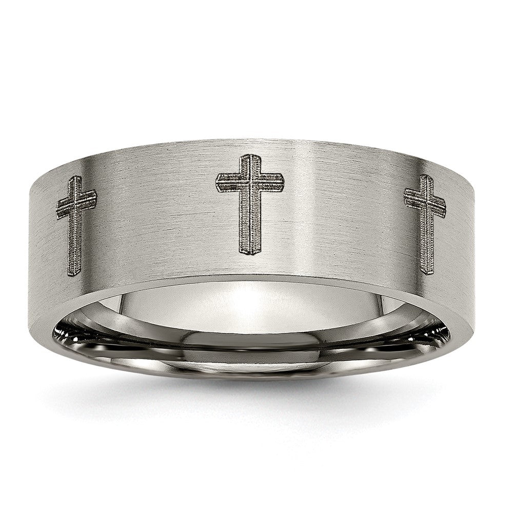 Chisel Titanium Brushed Cross Laser Design 8mm Flat Band