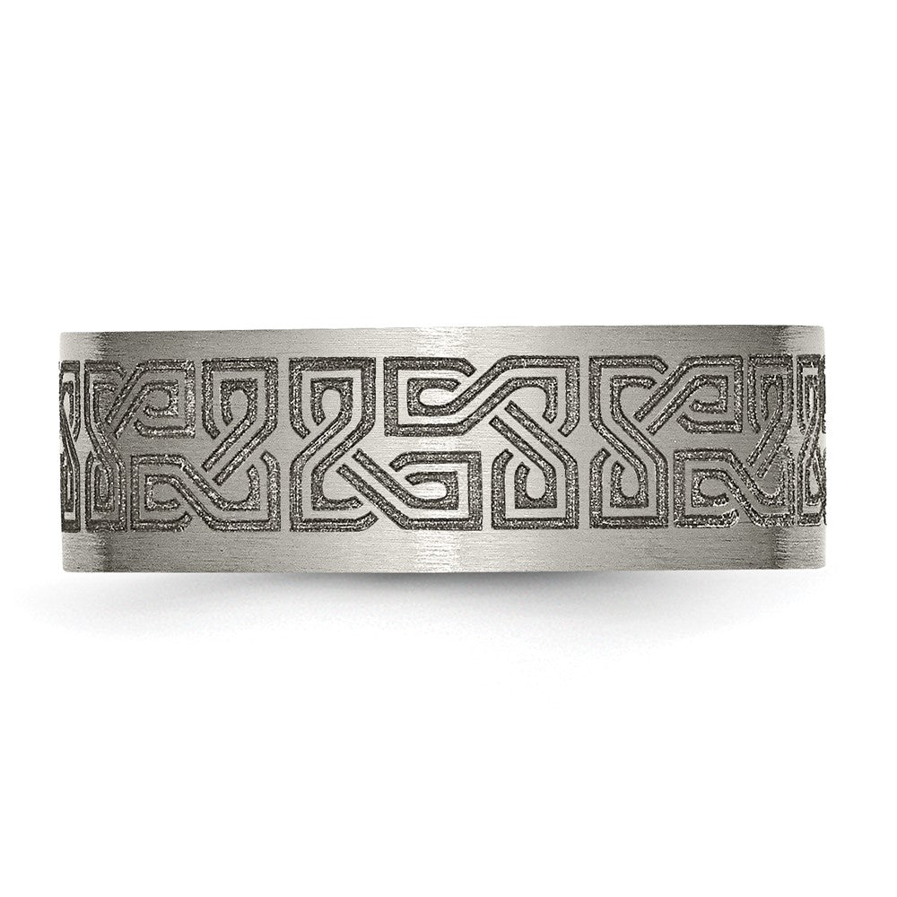 Titanium Brushed Greek Key Laser Design 8mm Flat Band