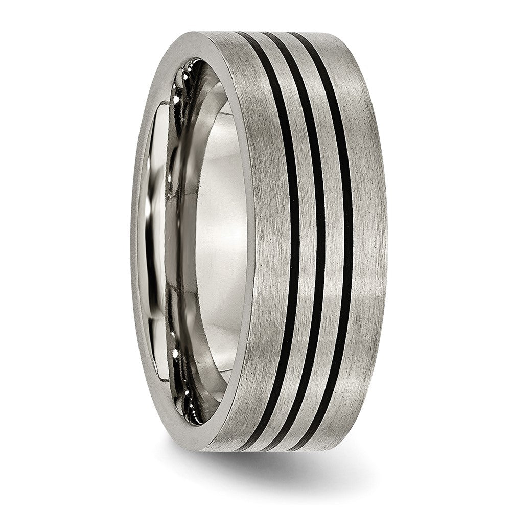 Chisel Titanium Satin and Polished Black Enamel Striped 8mm Flat Band