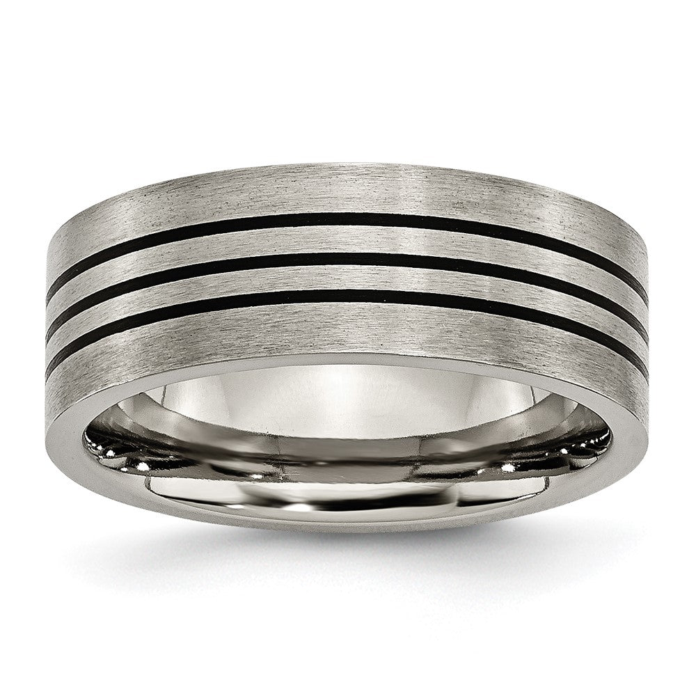 Chisel Titanium Satin and Polished Black Enamel Striped 8mm Flat Band