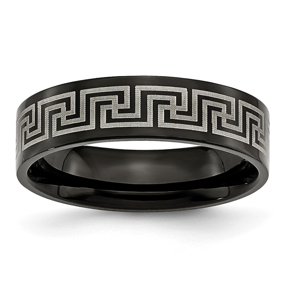 Titanium Brushed/Polished Black IP Laser Etched Greek Key 6mm Band