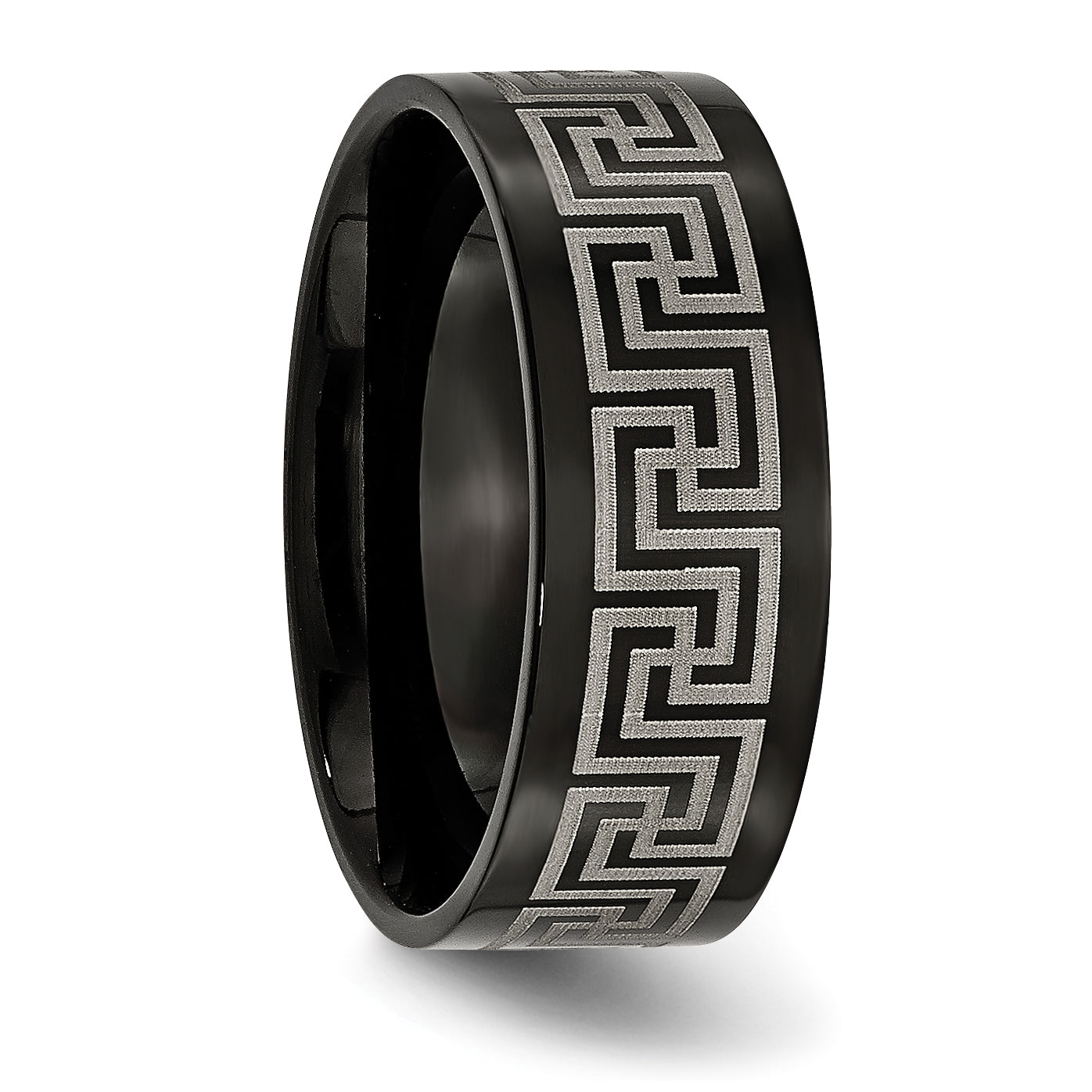 Titanium Black IP-plated Greek Key Laser Etched 8mm Brushed/Polished Band TB364