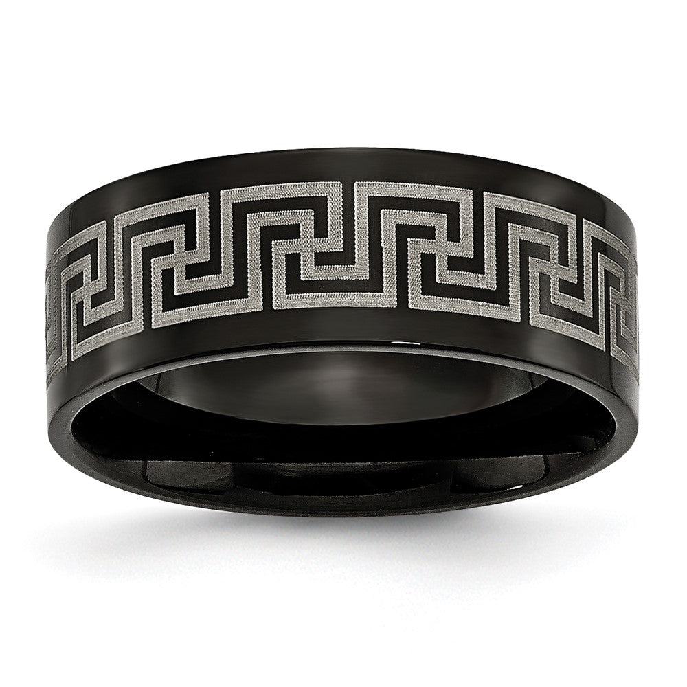 Titanium Black IP-plated Greek Key Laser Etched 8mm Brushed/Polished Band