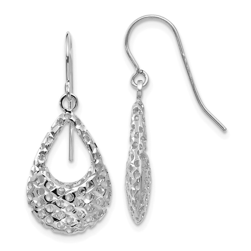 10K White Gold Textured Shepherd Hook Dangle Earrings