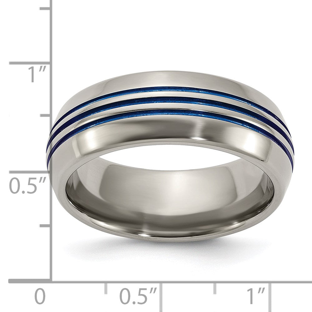 Titanium Polished Blue IP 8.5mm Triple Grooved Beveled Edge Band