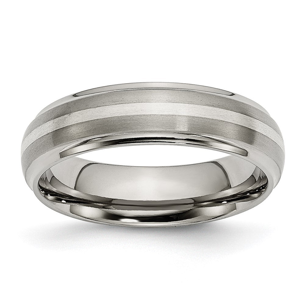 Chisel Titanium Brushed Center with Sterling Silver Inlay 6mm Ridged Edge Band