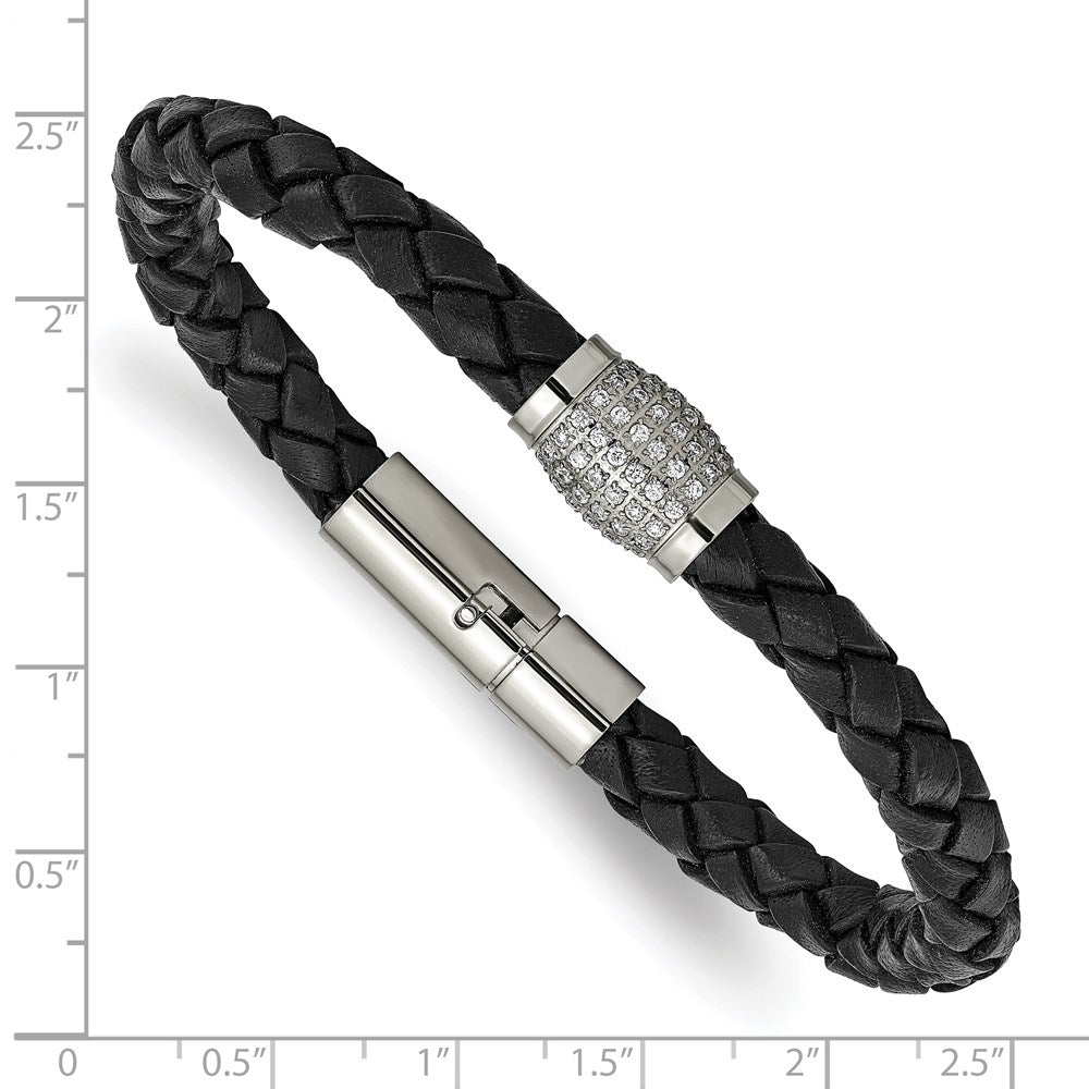 Chisel Titanium Polished with CZ Black Leather Bracelet