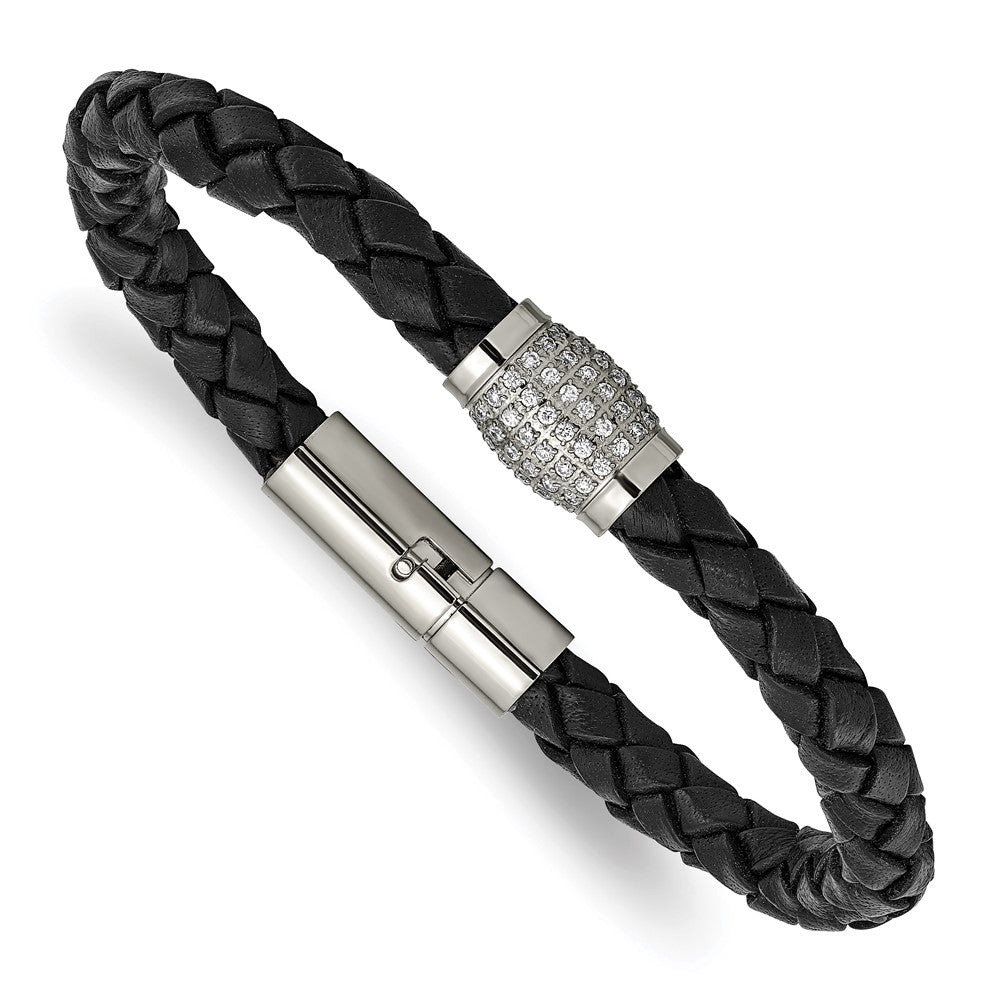 Chisel Titanium Polished with CZ Black Leather Bracelet