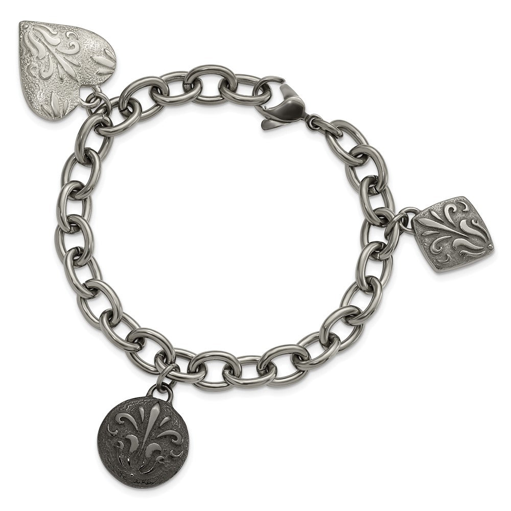 Titanium & Sterling Silver Black Ti Polished & Etched Charm Bracelet