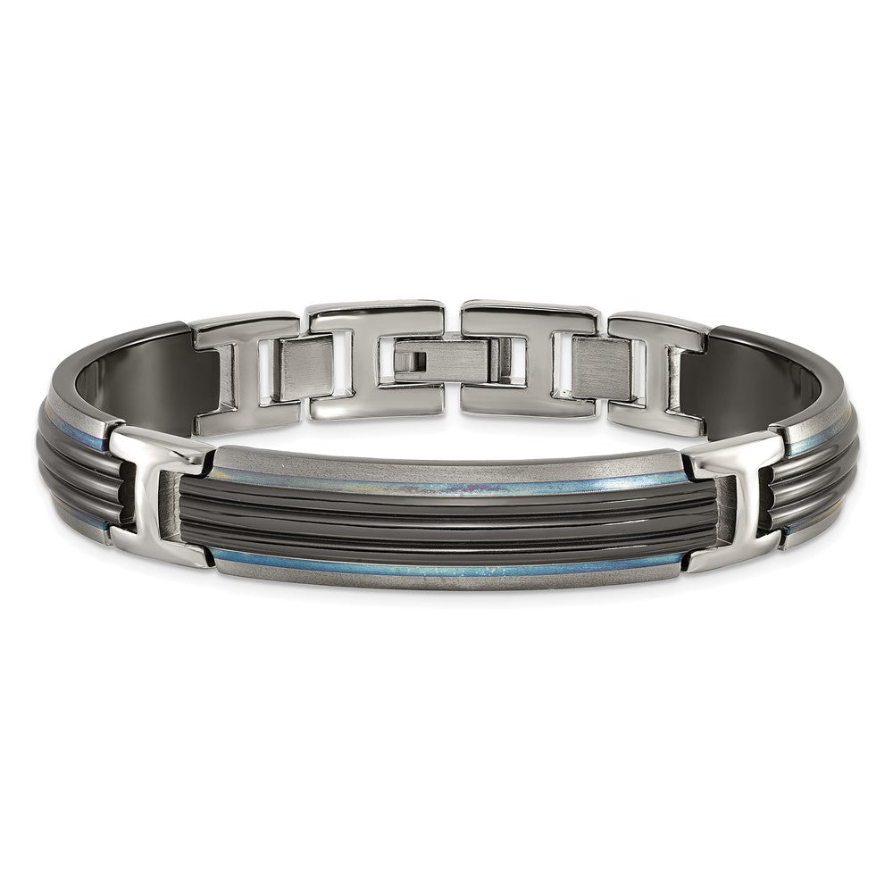 Titanium Sterling Silver Black Ti Polished & Brushed Striped Link Bracelet