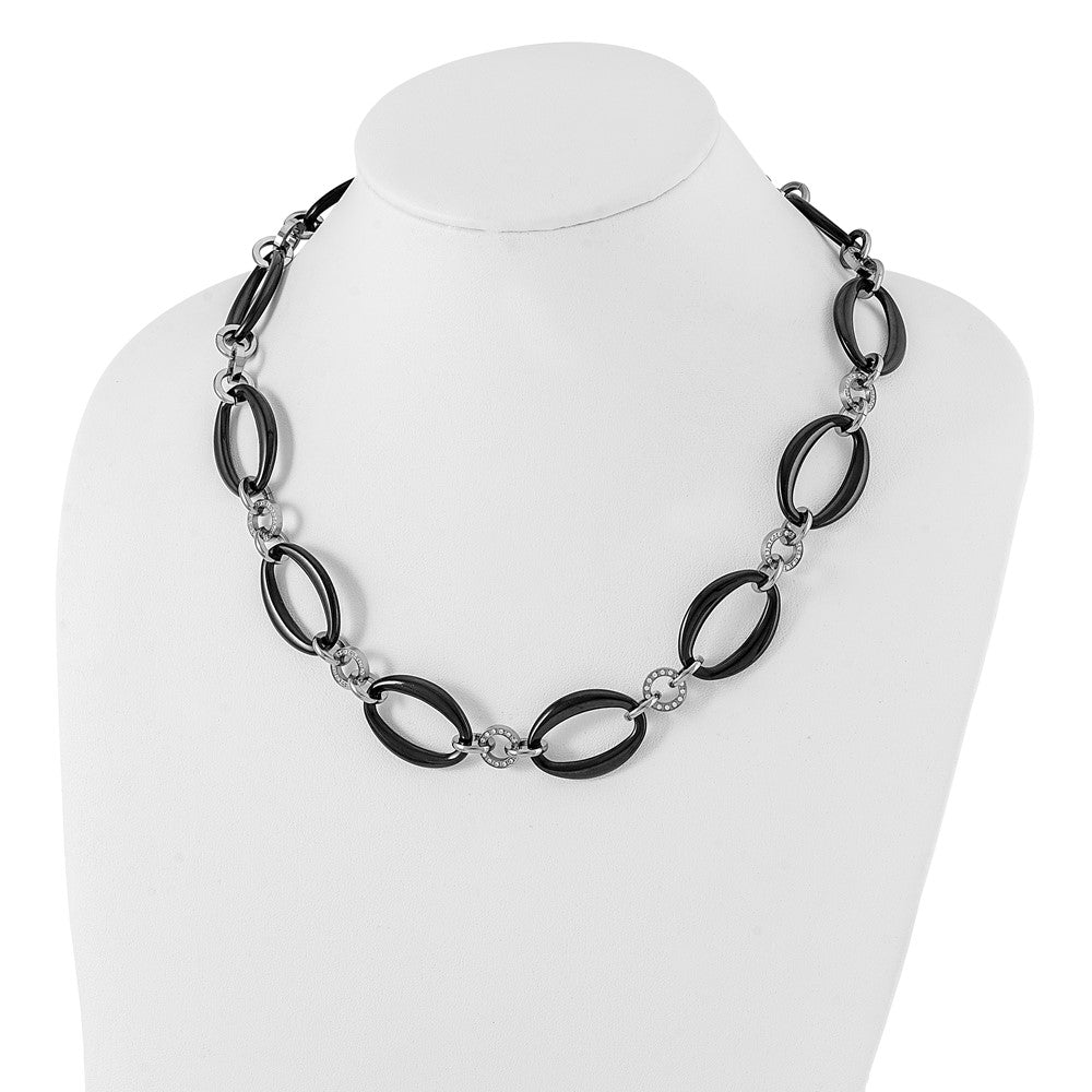 Titanium Polished Black IP-plated & CZ Oval Link Necklace