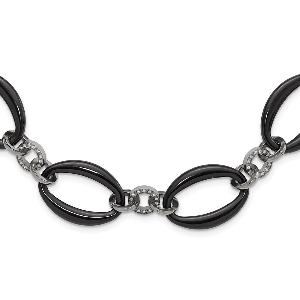 Titanium Polished Black IP-plated & CZ Oval Link Necklace