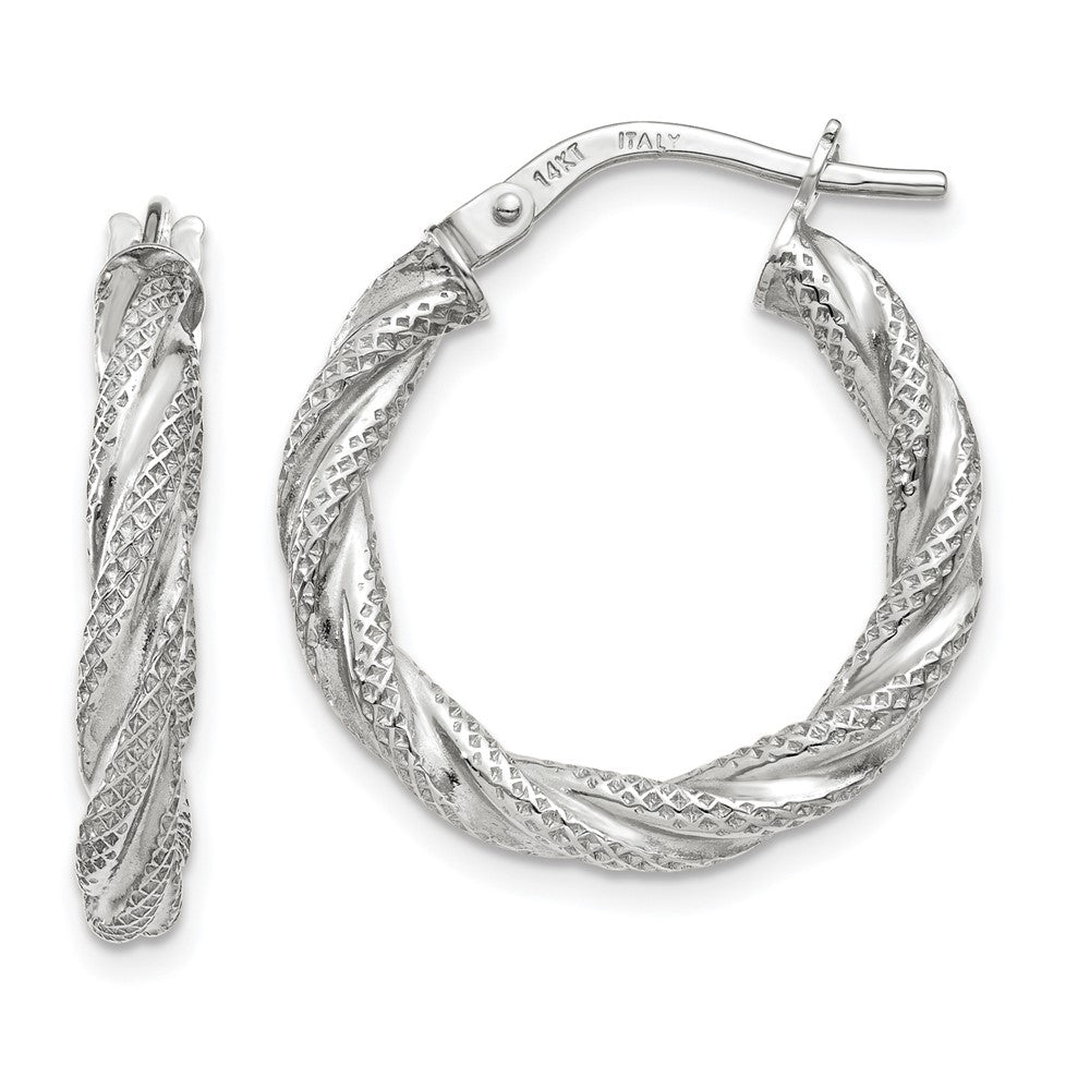 14K White Gold Twisted Textured Hoop Earrings