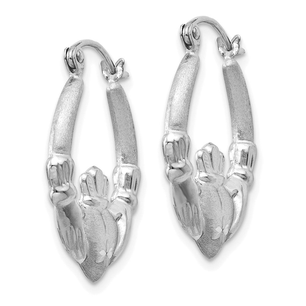 14k White Gold Satin and Diamond-cut Claddagh Hoop Earrings