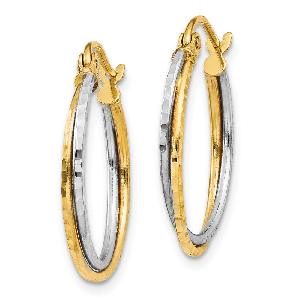 14K Yellow and White Gold Diamond Cut Twisted Hoop Earrings