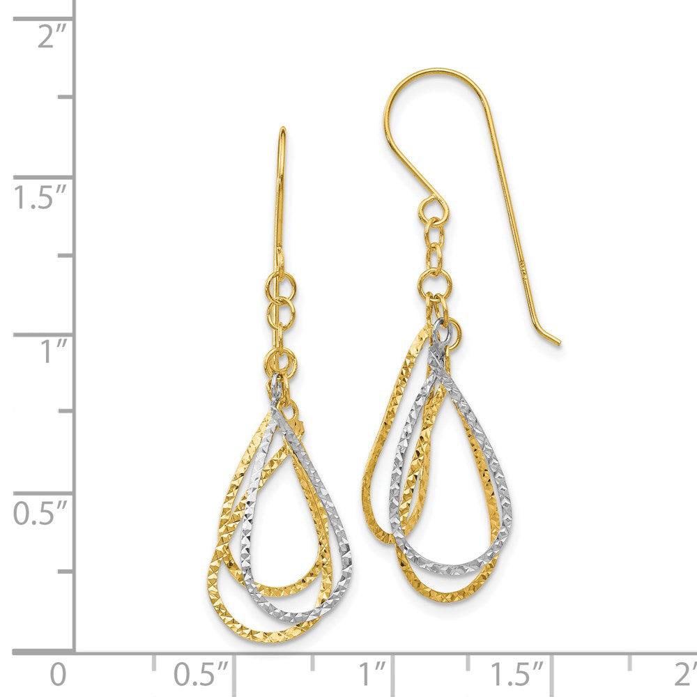 14K Two-tone Diamond Cut Tear Drop Shepherd Hook Earrings