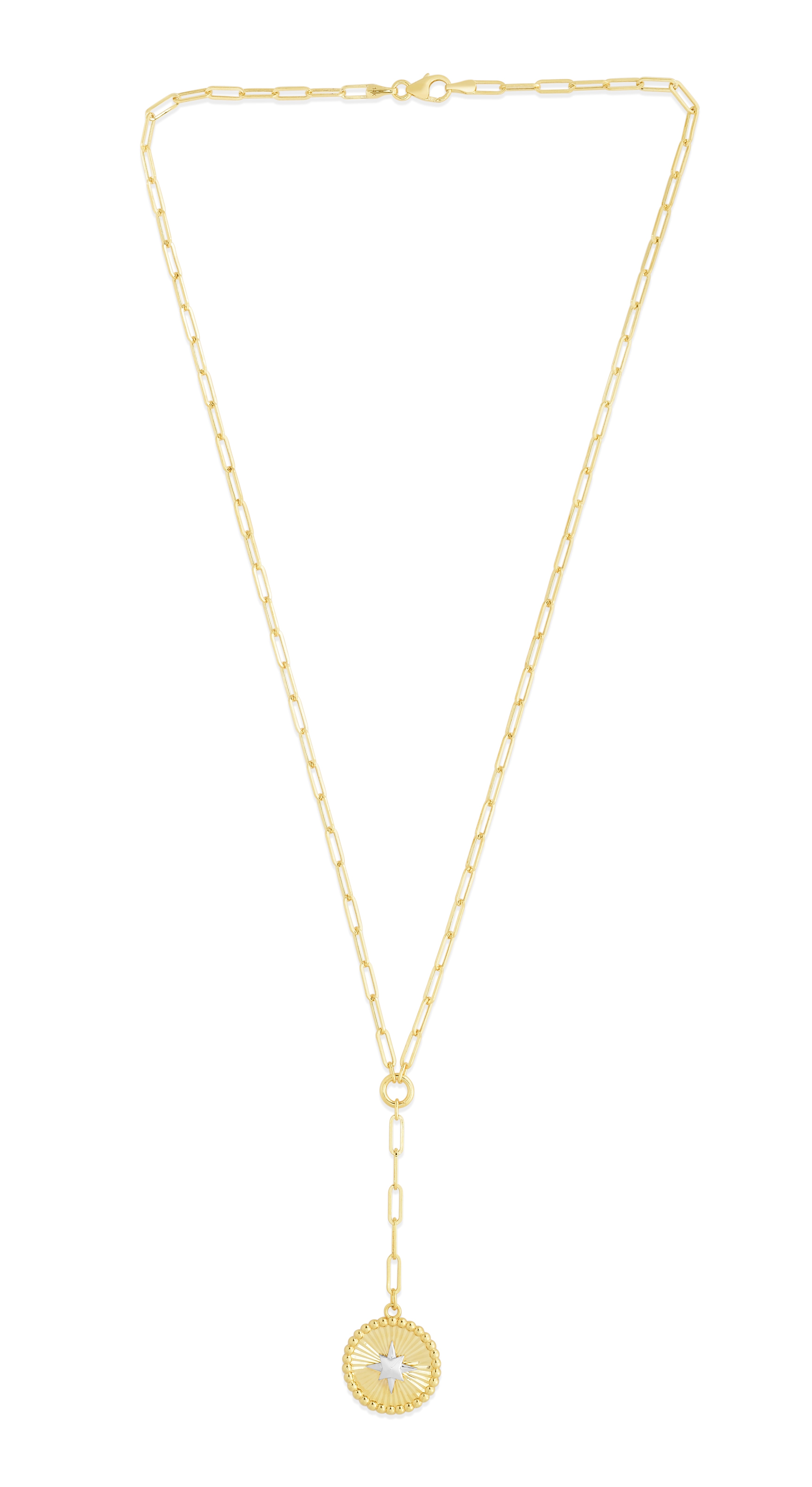 14K Yellow Gold 18" Star Two-tone Medallion Lariat Necklace on Paperclip Chain with Lobster Clasp