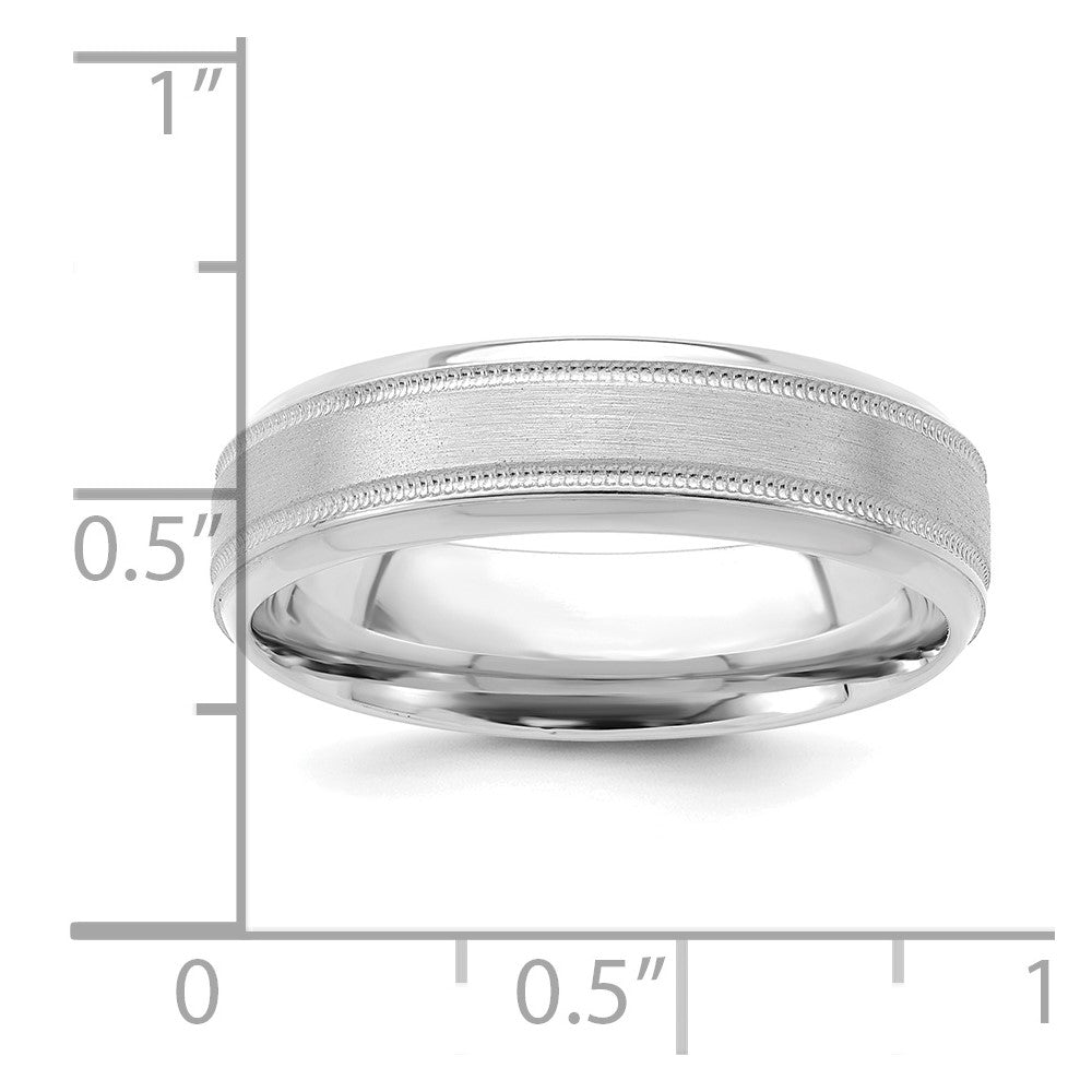 14k White Gold 6mm Standard Weight Comfort Fit Brushed Satin/Polished Milgrain Grooved Edge Wedding Band Size 9.5