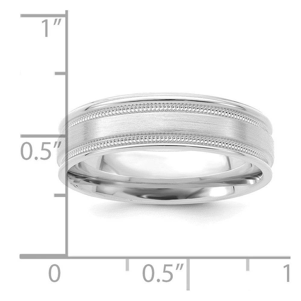 14k White Gold 6mm Standard Weight Comfort Fit Brushed Satin/Polished Milgrain Grooved Edge Wedding Band Size 12