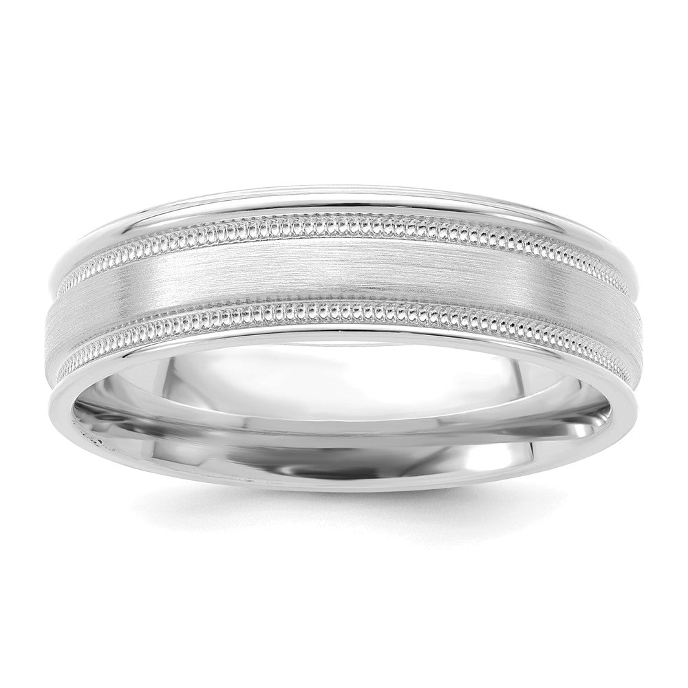 14k White Gold 6mm Standard Weight Comfort Fit Brushed Satin/Polished Milgrain Grooved Edge Wedding Band Size 12.5