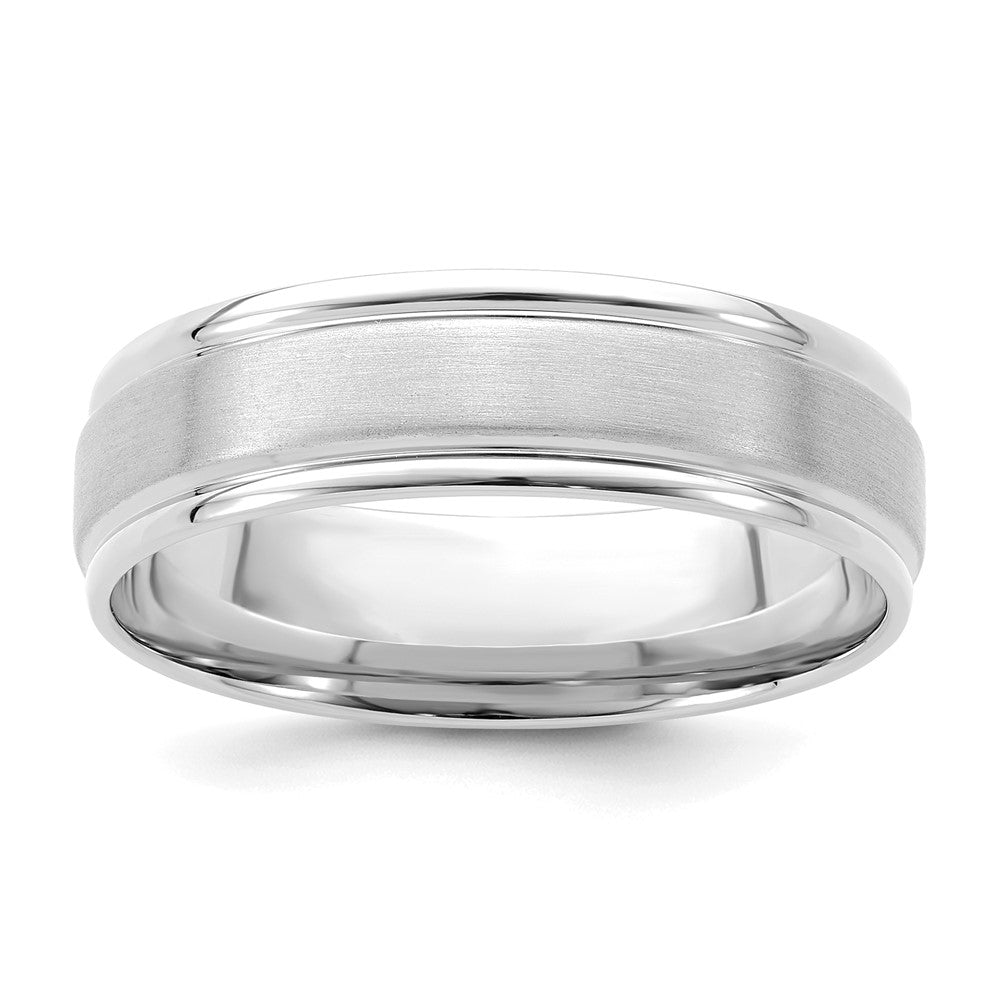 14k White Gold 6mm Lightweight Comfort Fit Brushed Satin/Polished Grooved Edge Wedding Band Size 9.5