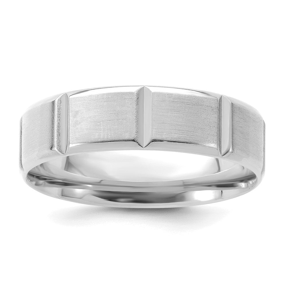 14k White Gold 6mm Heavyweight Comfort Fit Brushed/Polished Beveled Edge with Vertical Lines Wedding Band Size 11