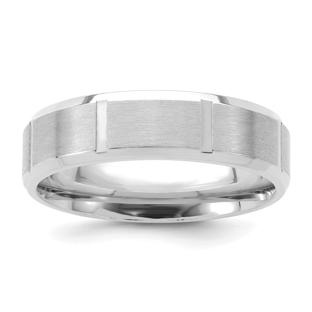 14k White Gold 6mm Standard Weight Comfort Fit Brushed/Polished Beveled Edge with Vertical Lines Wedding Band Size 9