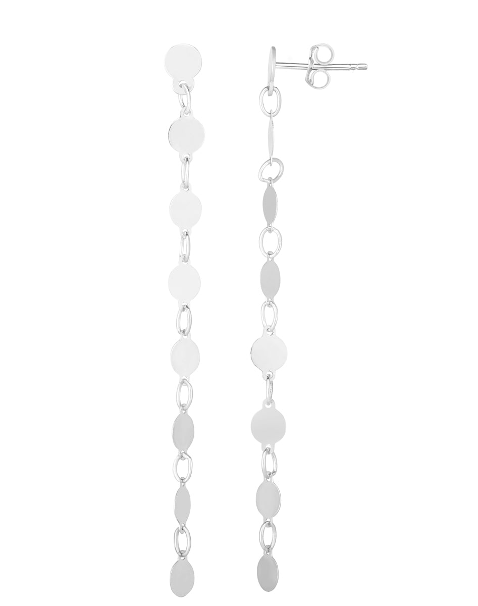 14K White Gold Polished Round Mirror Chain Drop Earrings