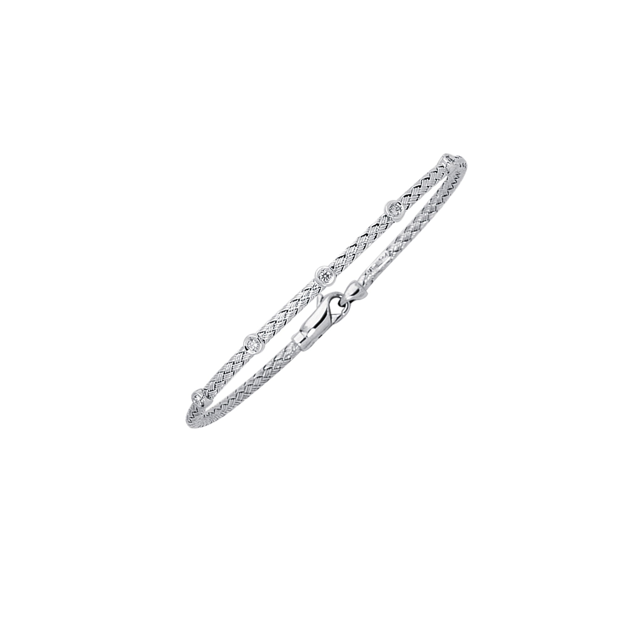 14K White Gold 7.25" .15ct Diamond Station Woven Bangle