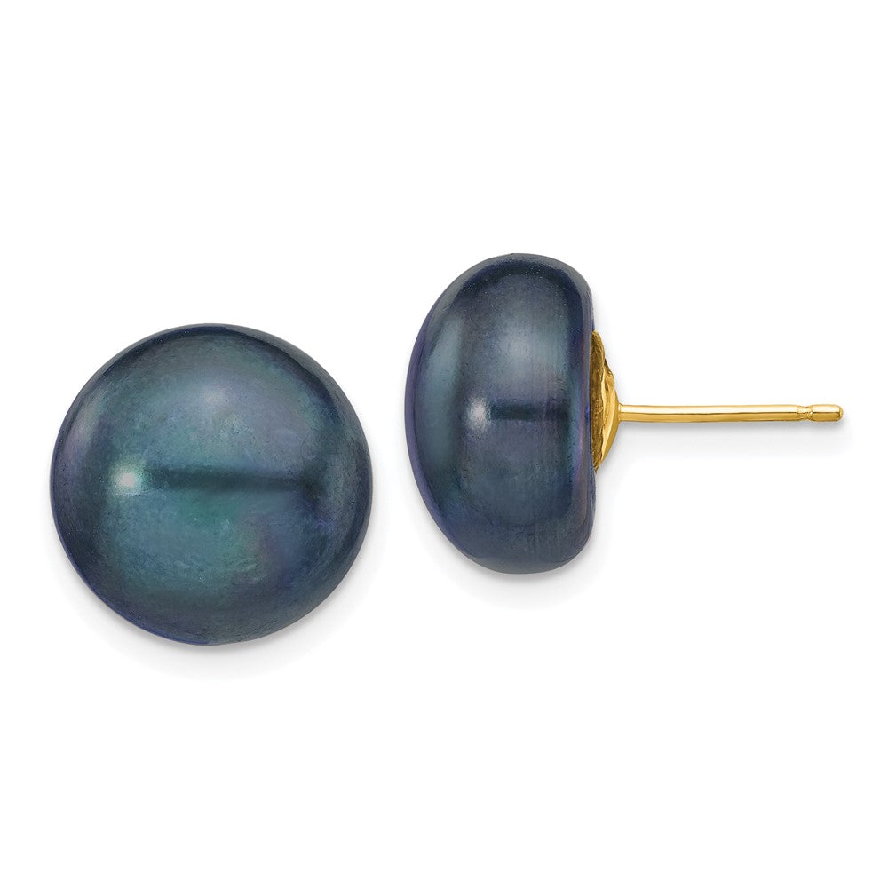 14k 12-13mm Black Button FW Cultured Pearl Stud Post Earrings