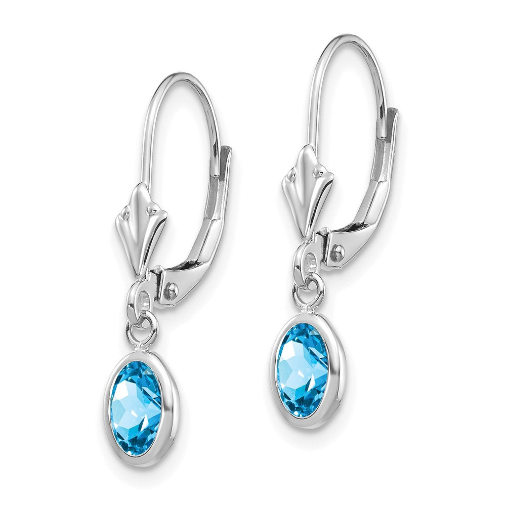 14k White Gold 6x4 Oval Bezel December/Blue Topaz Leverback Earrings