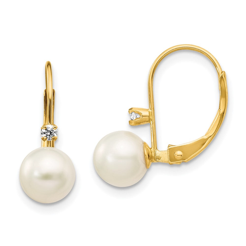 14K 6-7mm Round White FWC Pearl .06ct. Diamond Leverback Earrings