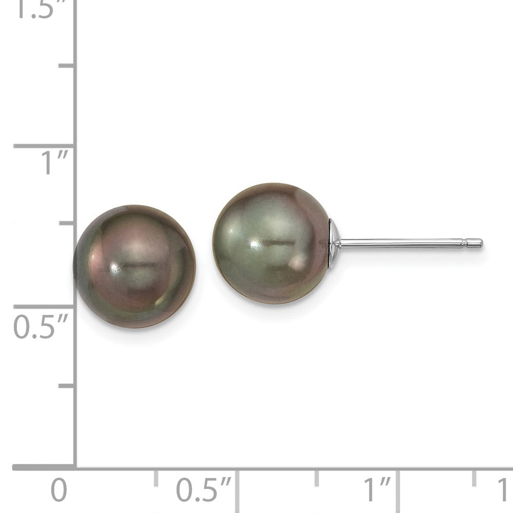 14k WG 9-10mm Black Round Saltwater Cultured Tahitian Pearl Post Earrings