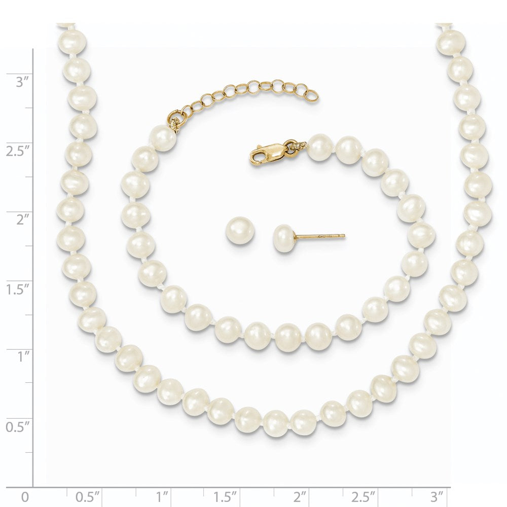 14k 4-5mm FW Cultured Pearl 5 w/1 ext Bracelet 14 w/1 ext Neck Earring Set