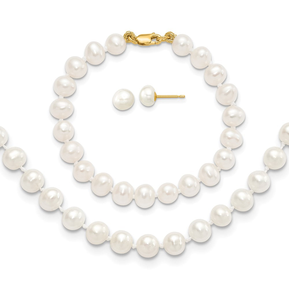 14k 5-6mm FW Cultured Pearl 5in Bracelet, 14in Necklace & Earring Set