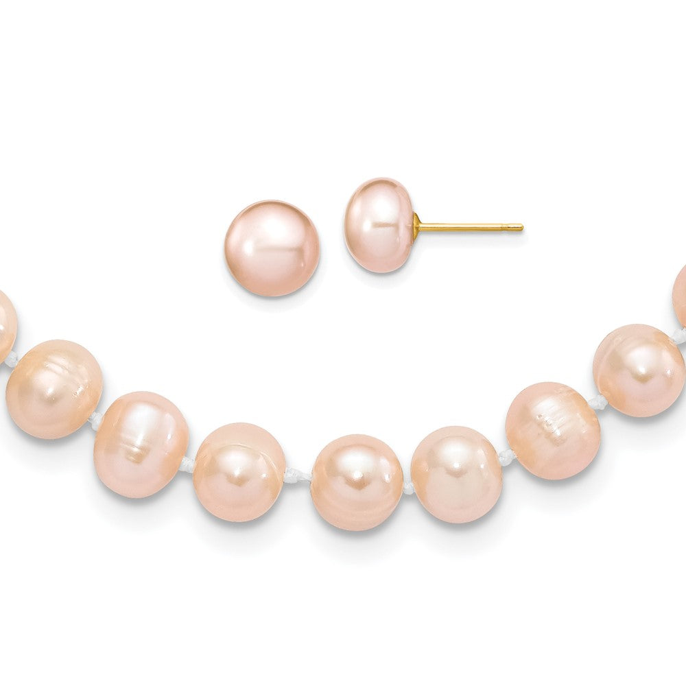 14k 7-8mm Near Round Pink FWC Pearl Necklace and Button Earring Set